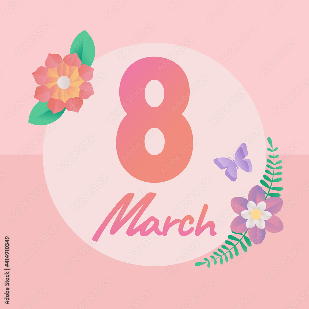Banner for International Women's Day. Flyer for March 8 with flower decoration. Number 8 in cut paper style with spring plants, leaves and flowers Banner for International Women's Day. Flyer for March 8 with flower decoration. Number 8 in cut paper style with spring plants, leaves and flowers
