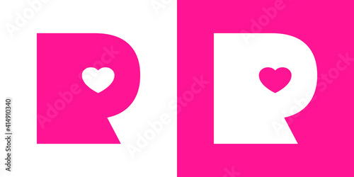 Logotipo con letra inicial R con corazón en fondo rosa y fondo blanco