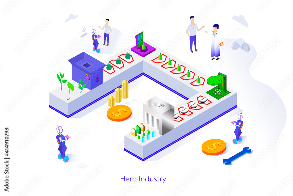 Obraz premium isometric of Herb Industry factory by processing plants, vegetables into extracts and producing drugs or medicine for medical health. Scientists Designing to Operate AI Robots to Control Product