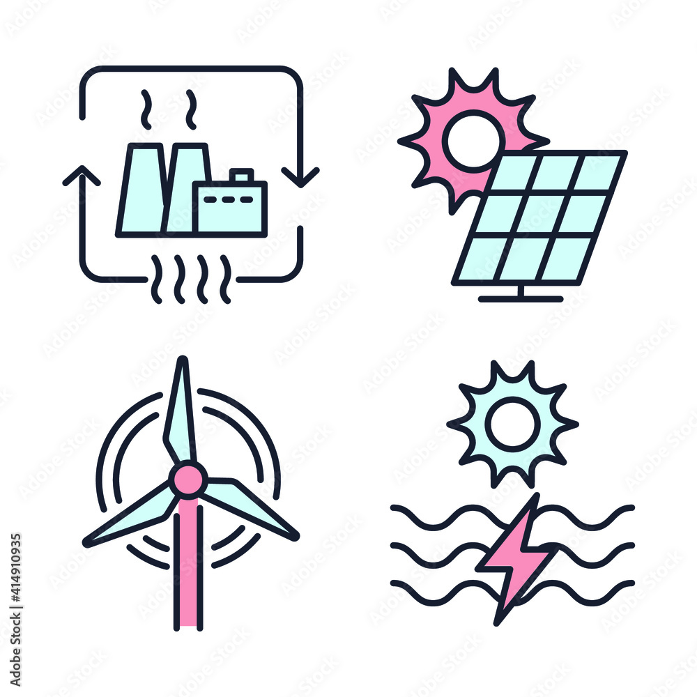 Set of Energy Types icon. Hydroelectric Power Station, Solar Cells and more. Energy Types pack symbol template for graphic and web design collection logo vector illustration