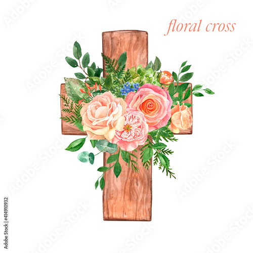 Easter cross watercolor painting. Wooden cross with beautiful flowers and gre...