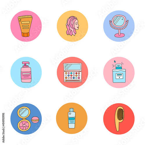 Cute highlights for different social media, bloggers and companies about beauty care procedures, face and body cosmetics with bright illustrations. Vector cliparts with hand drawn outline.