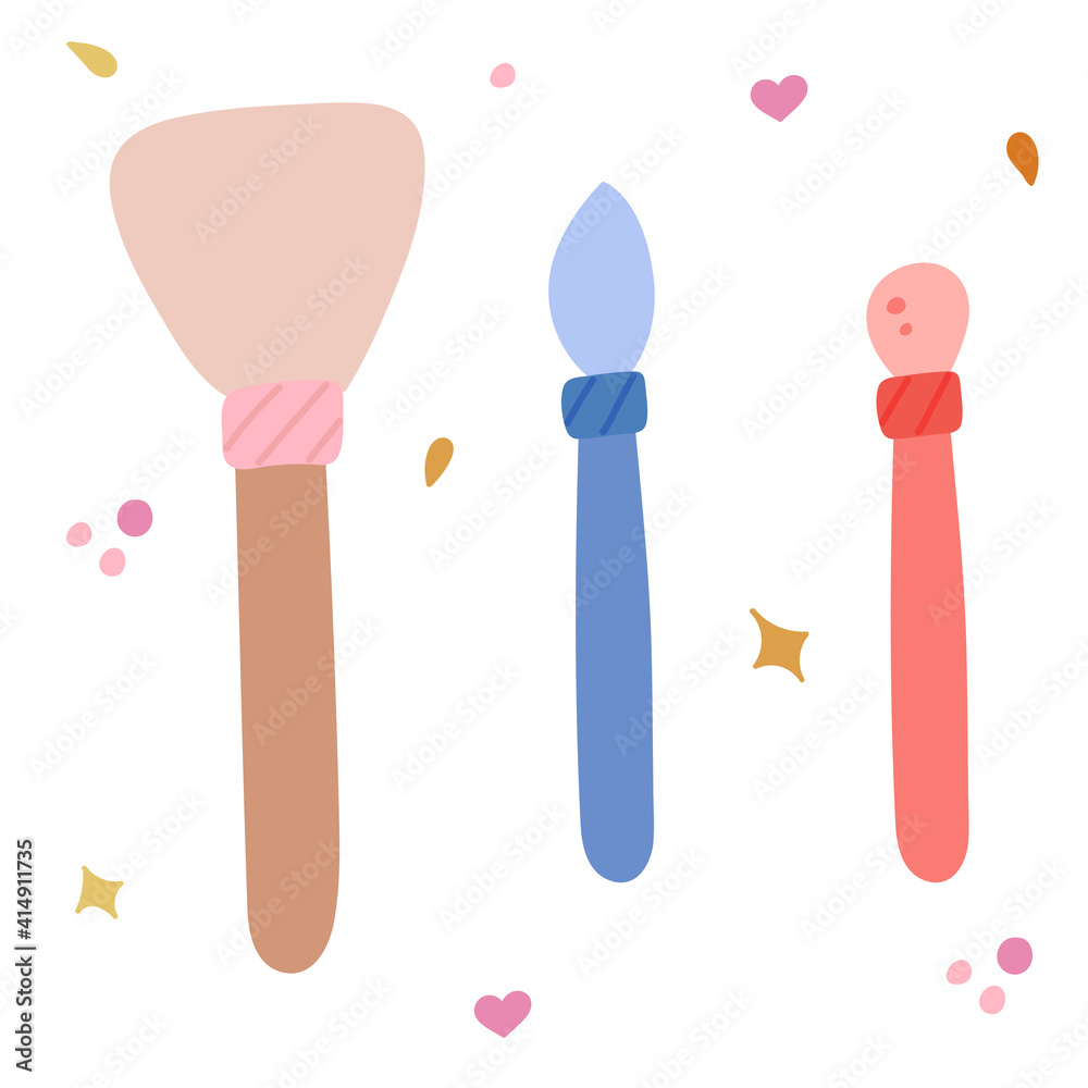 Cute hand drawn make up brushes for powder, eyeshadow, blusher, rouge, lipstick, concealer, highlighter, bronzer, foundation for face. Vector illustration about beauty care and cosmetics.