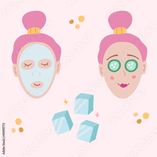 Cute hand drawn set with ice cubes and a girl with a cucumber on her eye and a face mask. Girl with a pink hair, relaxing during beauty care procedures in the bathroom. Clipart vector illustration.