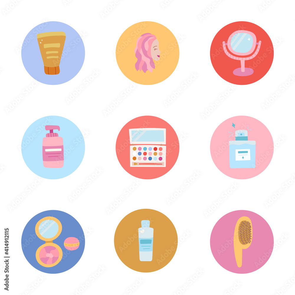 Cute highlights for different social media, bloggers and companies about beauty care procedures, face and body cosmetics with bright illustrations. Vector cliparts. Cute highlights for different social media, bloggers and companies about beauty care procedures, face and body cosmetics with bright illustrations. Vector cliparts.