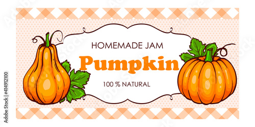 vector label of pumpkin with watercolor background and colored border