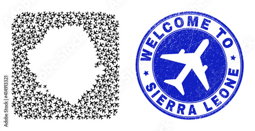 Vector mosaic Sierra Leone map of air vehicle elements and grunge Welcome seal. Mosaic geographic Sierra Leone map designed as carved shape from rounded square with air planes.