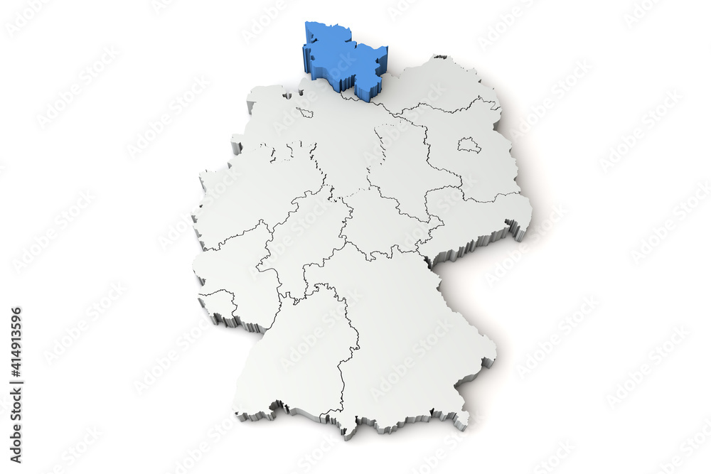 Fototapeta premium Map of Germany showing Schleswig Holstein region. 3D Rendering