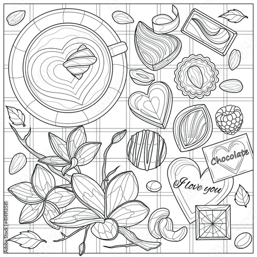 Cup of coffee, chocolates and flowers.Coloring book antistress for children and adults. Illustration isolated on white background.Zen-tangle style. Black and white illustration.Hand draw