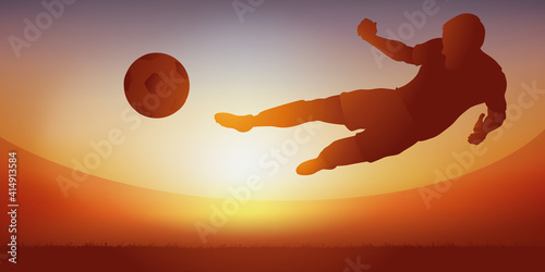 Concept de l’action de jeu au football avec un attaquant faisant une reprise de volée, pour marquer un but lors d’un match de championnat.