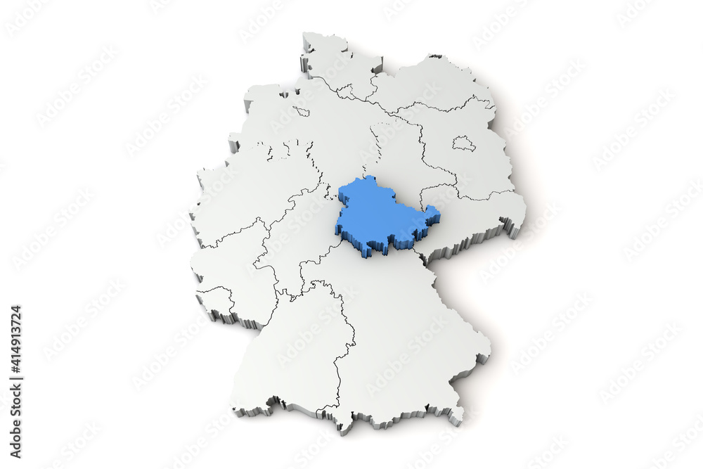 Map of Germany showing Thuringia region. 3D Rendering
