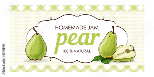 vector label of green pear with polka dot background and colored border