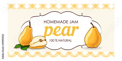 vector label of yellow pear with polka dot background and colored border