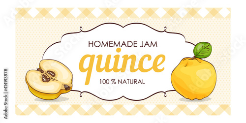 vector label of quince with polka dot background and colored border