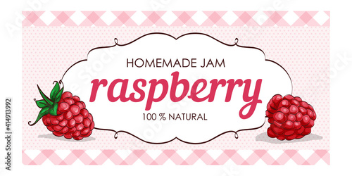 vector label of raspberry with polka dot background and colored border