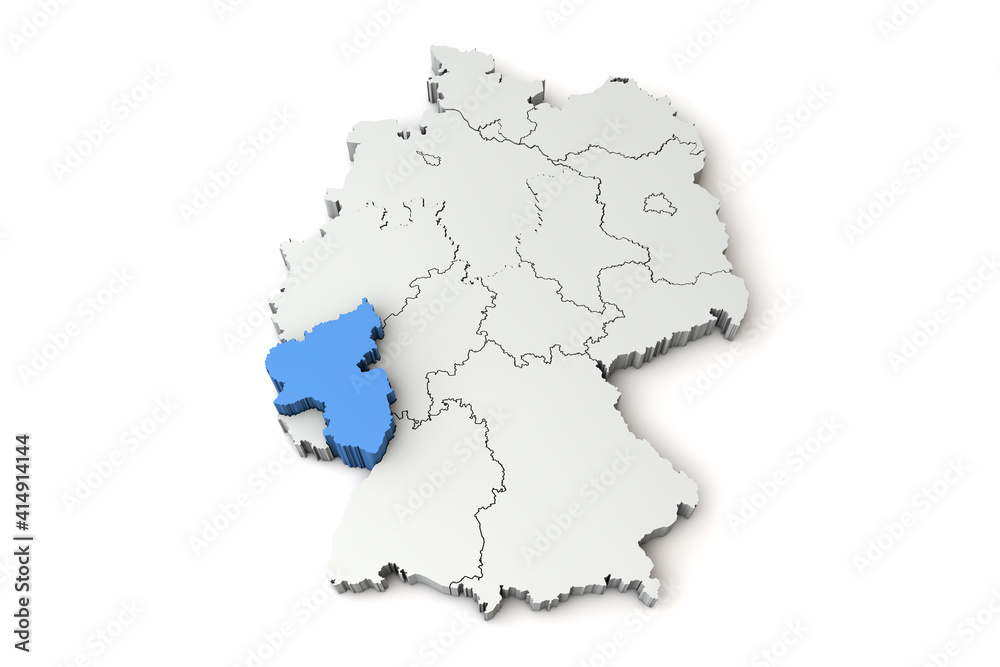 Map of Germany showing Rhineland Palatinate region. 3D Rendering