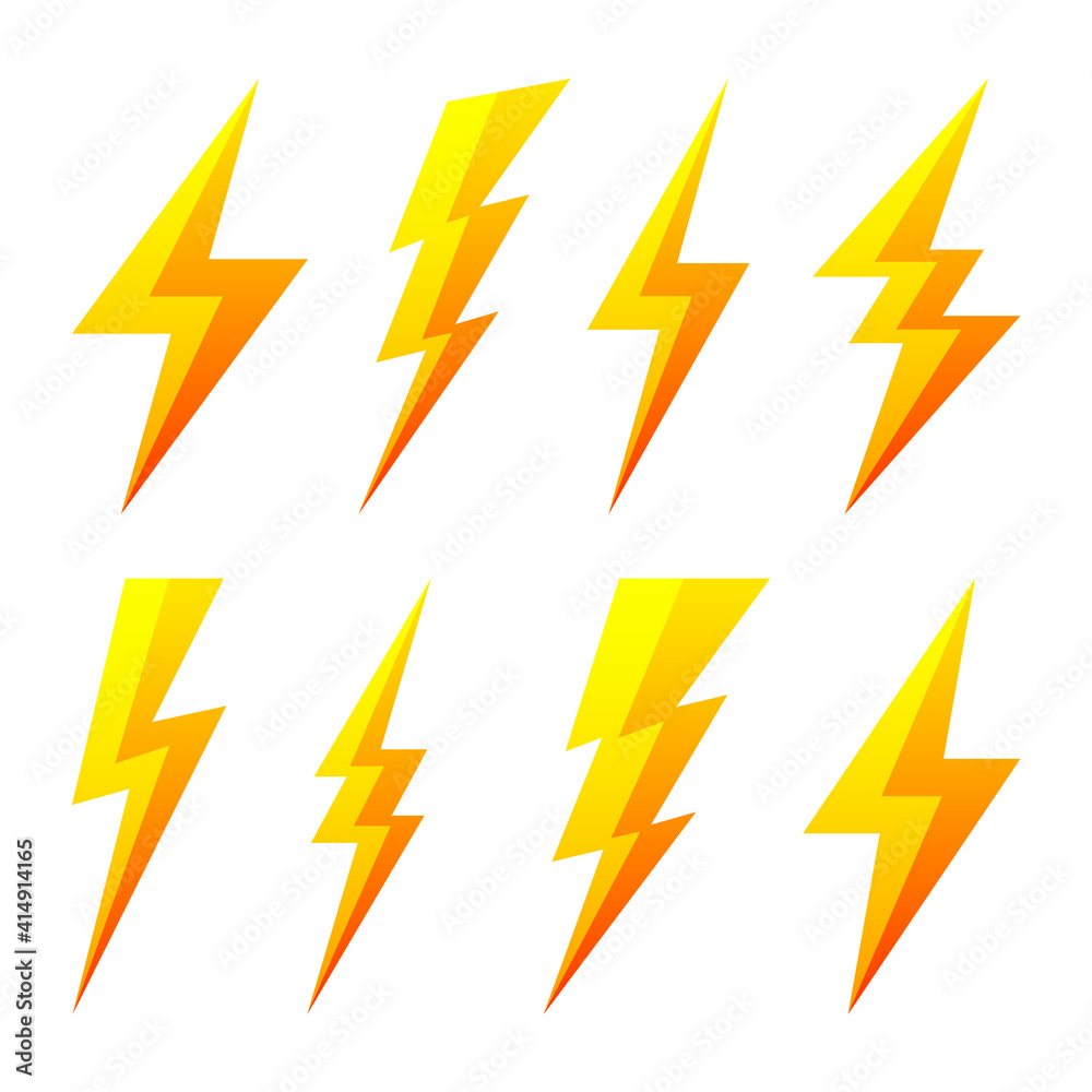 Yellow lightning bolt icons isolated on white background. Thunderbolt symbol. Simple lightning strike sign. Vector illustration. Yellow lightning bolt icons isolated on white background. Thunderbolt symbol. Simple lightning strike sign. Vector illustration.