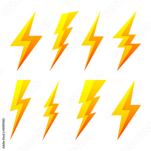 Yellow lightning bolt icons isolated on white background. Thunderbolt symbol. Simple lightning strike sign. Vector illustration.