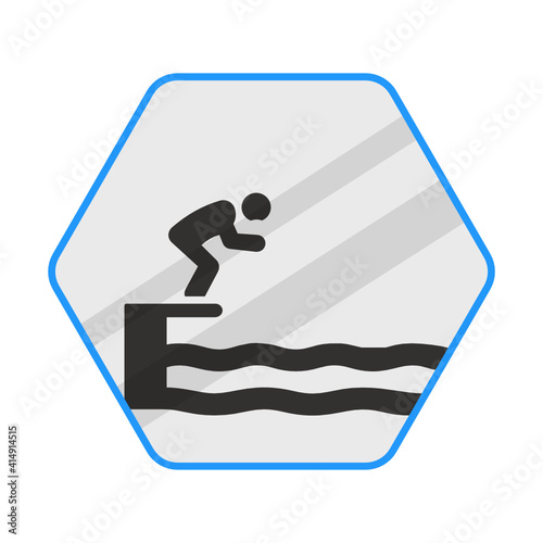 swimmer jumping to pool concept vector blue color icon design, Pool and beach safety rules on white background, water sports symbol, Swimming Sports hexagon signboard mockup stock illustration