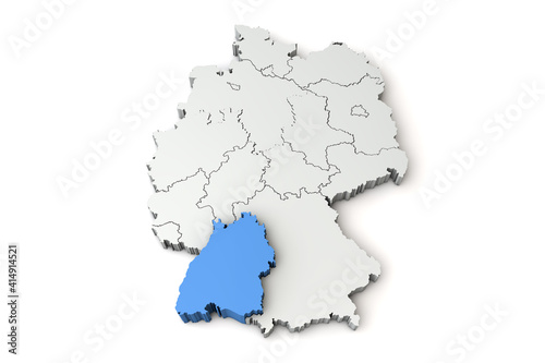 Map of Germany showing Baden Wurttemberg region. 3D Rendering