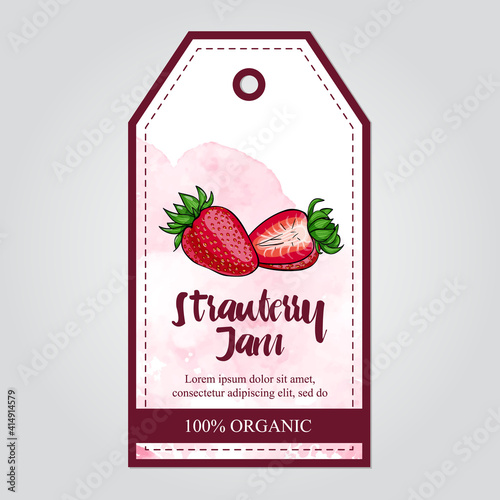 vector label of strawberry with watercolor background and colored border