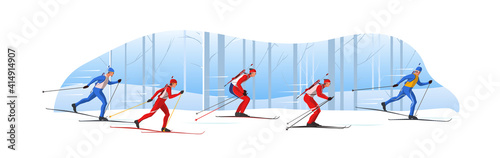 Biathletes in sportswear with riffles are skiing. Male Athletes participate in winter sports sprint competition. The leader of pelothon tries to win a race.Vector flat design web banner illustration