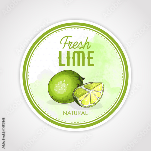 Round label or sticker design in vintage style with lime illustration. Fresh natural lime. For natural or organic fruit products and health care goods.