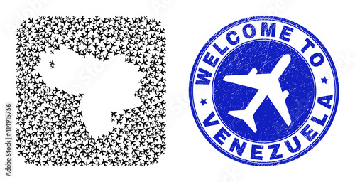 Vector mosaic Venezuela map of aircraft items and grunge Welcome seal. Collage geographic Venezuela map designed as stencil from rounded square shape with airplanes.
