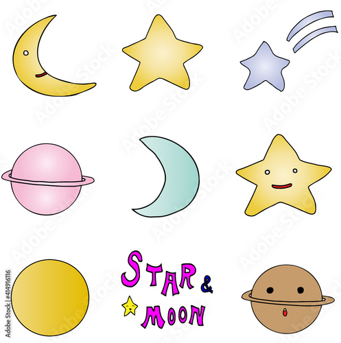 星、月、土星のイラスト詰め合わせ　カラー