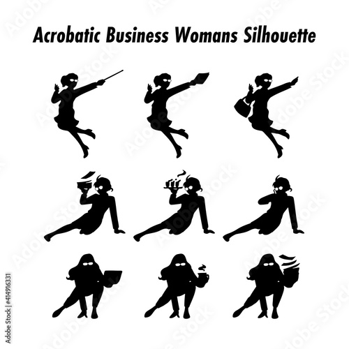 アクロバットなビジネスウーマンのイラストセット　シルエット　メガネ