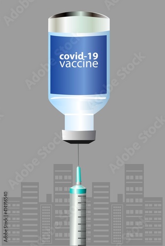 covid-19, corona virus vaccine bottle with syringe. vector illustration