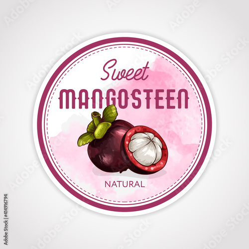 Round label or sticker design in vintage style with mangosteen illustration. Sweet natural mangosteen. For natural or organic fruit products and health care goods.
