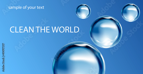Water drops, blue and clear water drops, ocean water drops and splashes, pure Baikal water, logo of washing powder or clean fresh laundry, sale of pure water