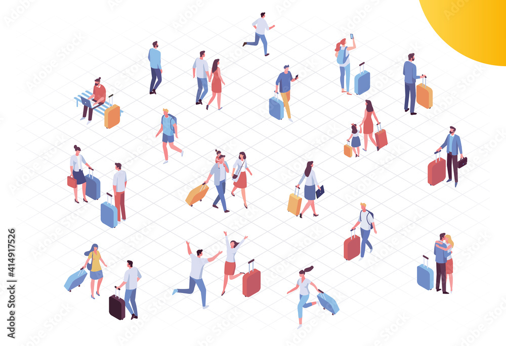 Isometric people in airport vector set. Trip and vacation. Crowd of people with luggage isolated on white background