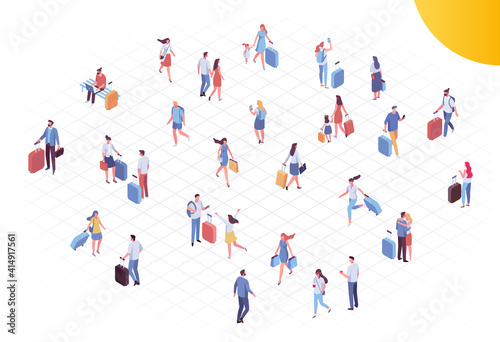 Isometric people in airport vector set. Trip and vacation. Crowd of people with luggage isolated on white background