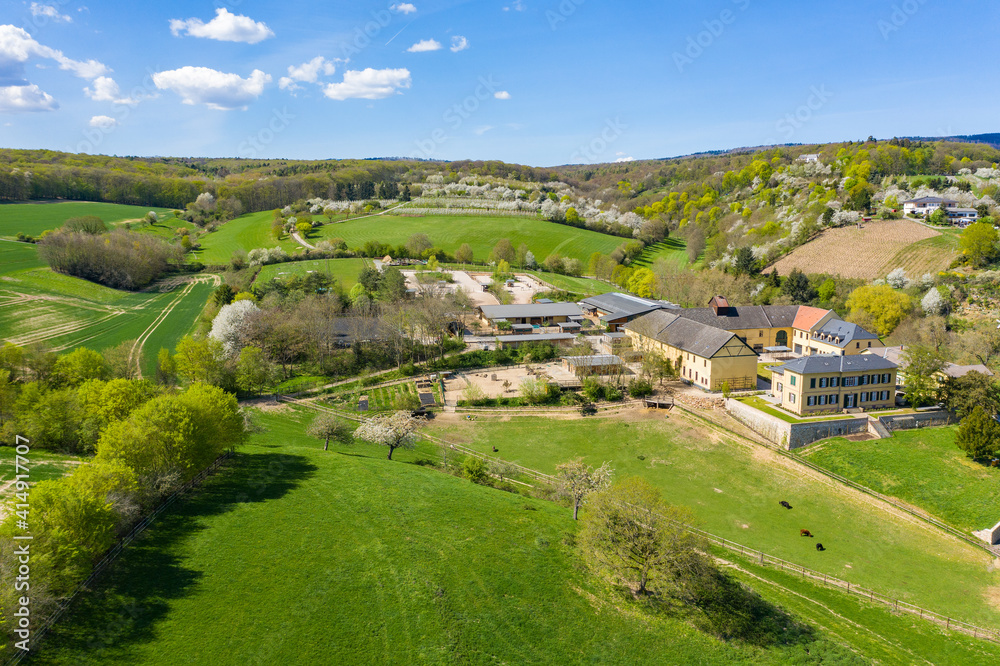 Obraz premium View from above of a farm in the beginning of spring near Wiesbaden / Germany 
