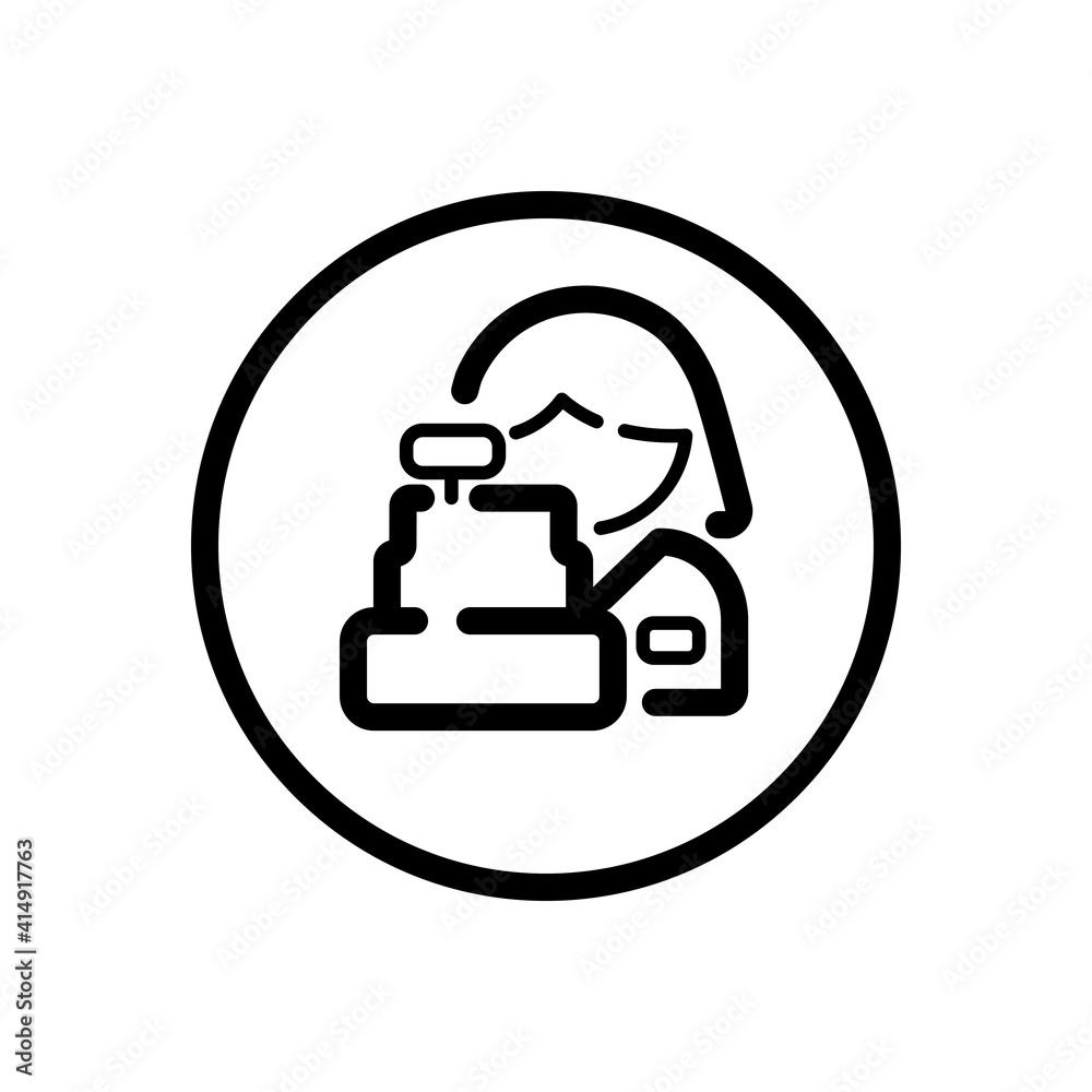 Female supermarket cashier. Woman and cash register. Commerce outline icon in a circle. Vector illustration