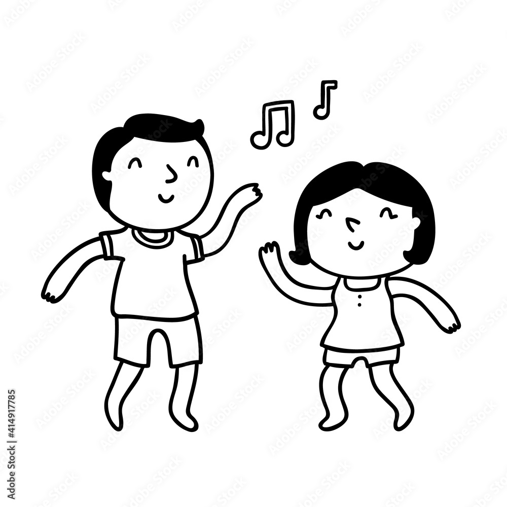 Cute cartoon couple dancing and having fun, vector outline illustration Cute cartoon couple dancing and having fun, vector outline illustration