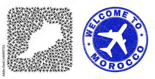 Vector collage Morocco map of airliner items and grunge Welcome seal. Collage geographic Morocco map constructed as subtraction from rounded square with air tourism.