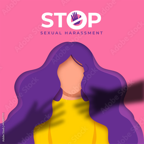 Stop Sexual Harassment Poster Design With Faceless Woman Character On Pink Background.