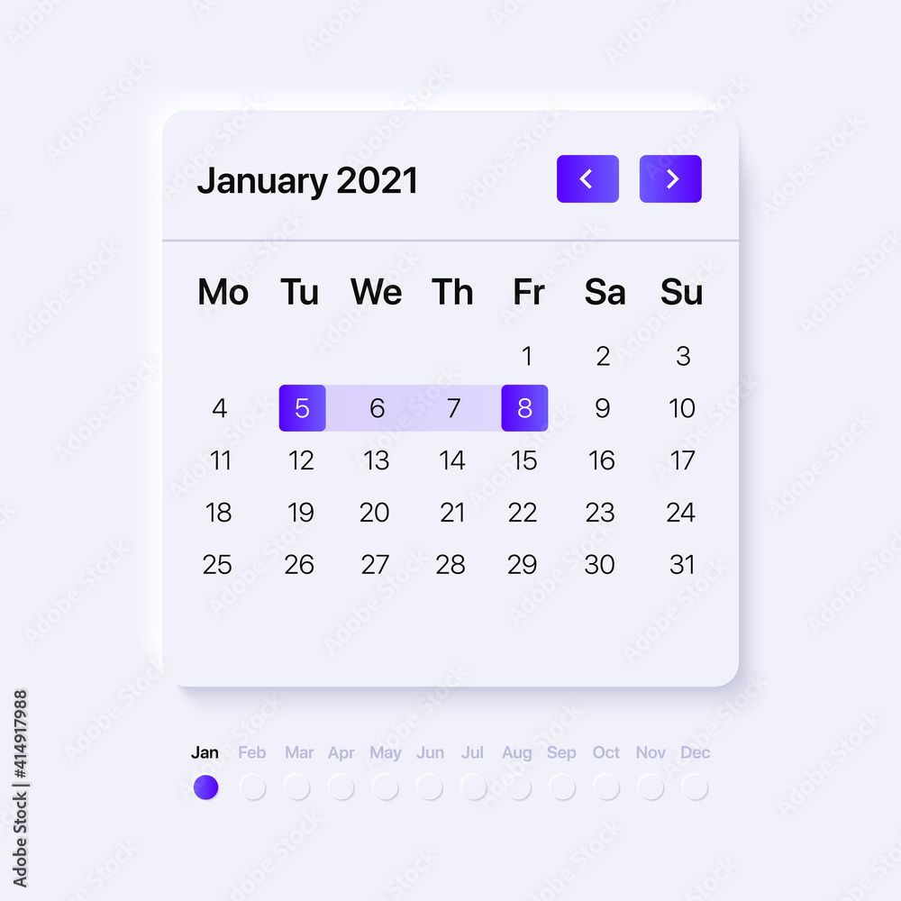 Neumorphism UI Calendar concept with blue gradient buttons. Template for mobile and web applications. Vector illustration