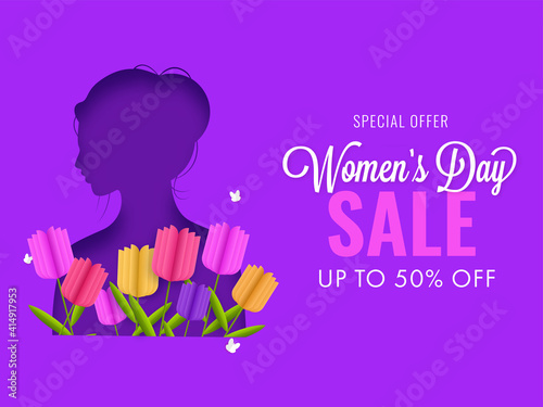 Women's Day Sale Poster Design With 50% Discount Offer, Paper Cut Flowers And Female Face On Purple Background. © Abdul Qaiyoom