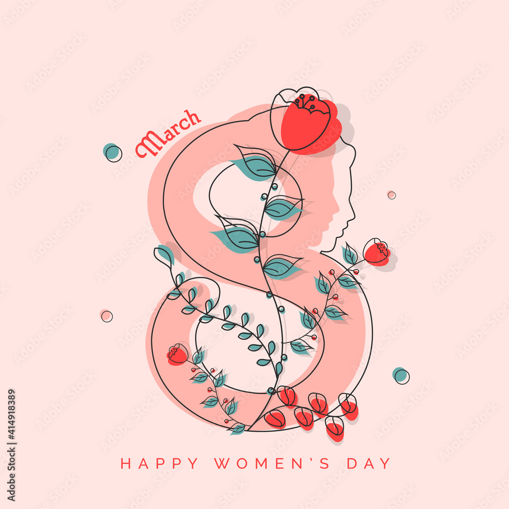March Of 8 Number With Female Face Decorated From Floral On Pastel Pink Background For Happy Women's Day Concept.