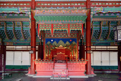 Seoul, South Korea - November 03, 2018 : The interior view of the Geunjeongjeon Hall in Gyeongbokgung Palace.