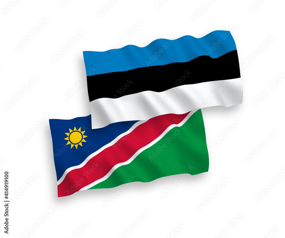 National vector fabric wave flags of Estonia and Republic of Namibia isolated on white background. 1 to 2 proportion.