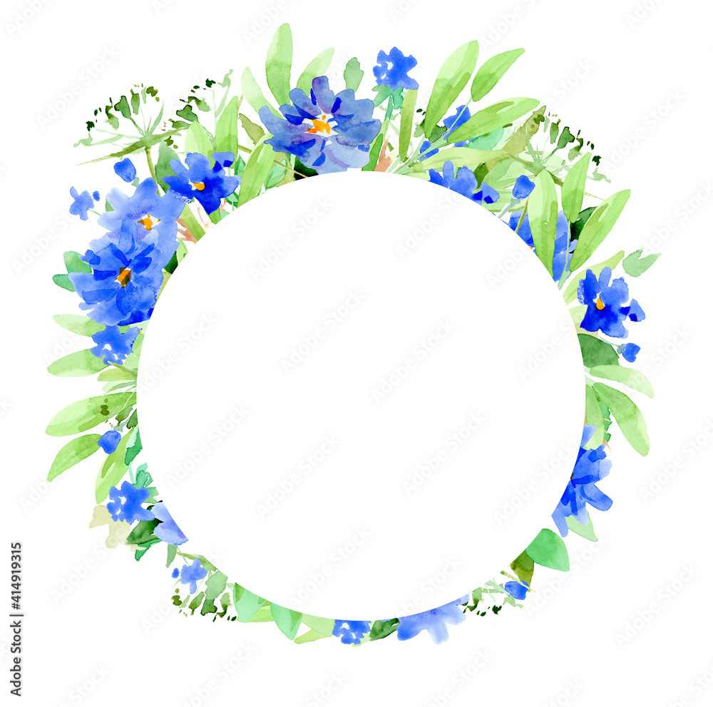 Floral round frame, blue flowers and green leaves. Watercolor hand drawn illustration, isolated on white.