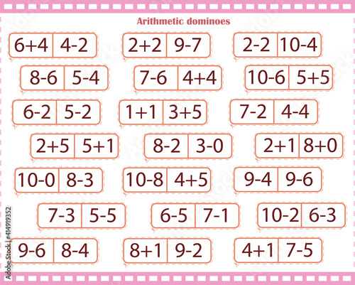  Math game for children. Arithmetic dominoes. Number and count to 10. Solve the examples and find the card with the same answer.