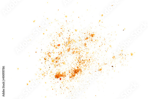 Pile of red pepper powder on a white background. Cayenne pepper powder, top view. Red pepper paprika powder isolated on white background, top view. Pile of red powder isolated on white background.