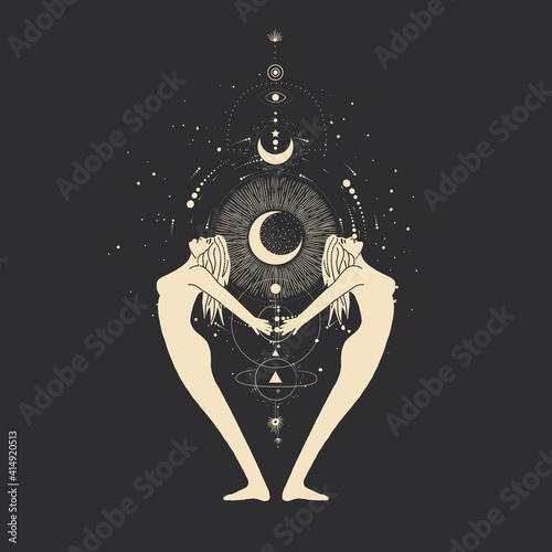 Vintage vintage engraving style. Abstract woman silhouette. Spiritual origin of the universe of magic and space, phases of the moon