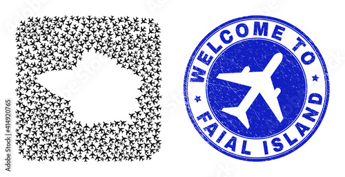 Vector collage Faial Island map of airliner elements and grunge Welcome stamp. Collage geographic Faial Island map constructed as subtraction from rounded square with air jorneys.